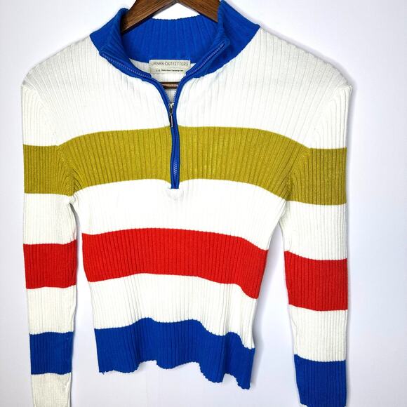 Urban Outfitters Harley Colorblock Blue Red Stripe Ribbed Half Zip Sweater Large - Picture 4 of 10